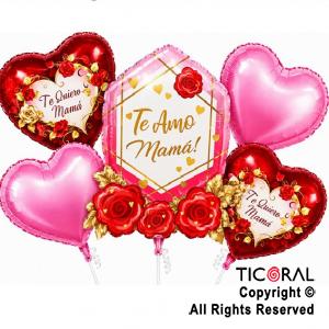 SET DE GLOBOS METALIZADO TE AMO MAMA FLORES 5 UNIDADES